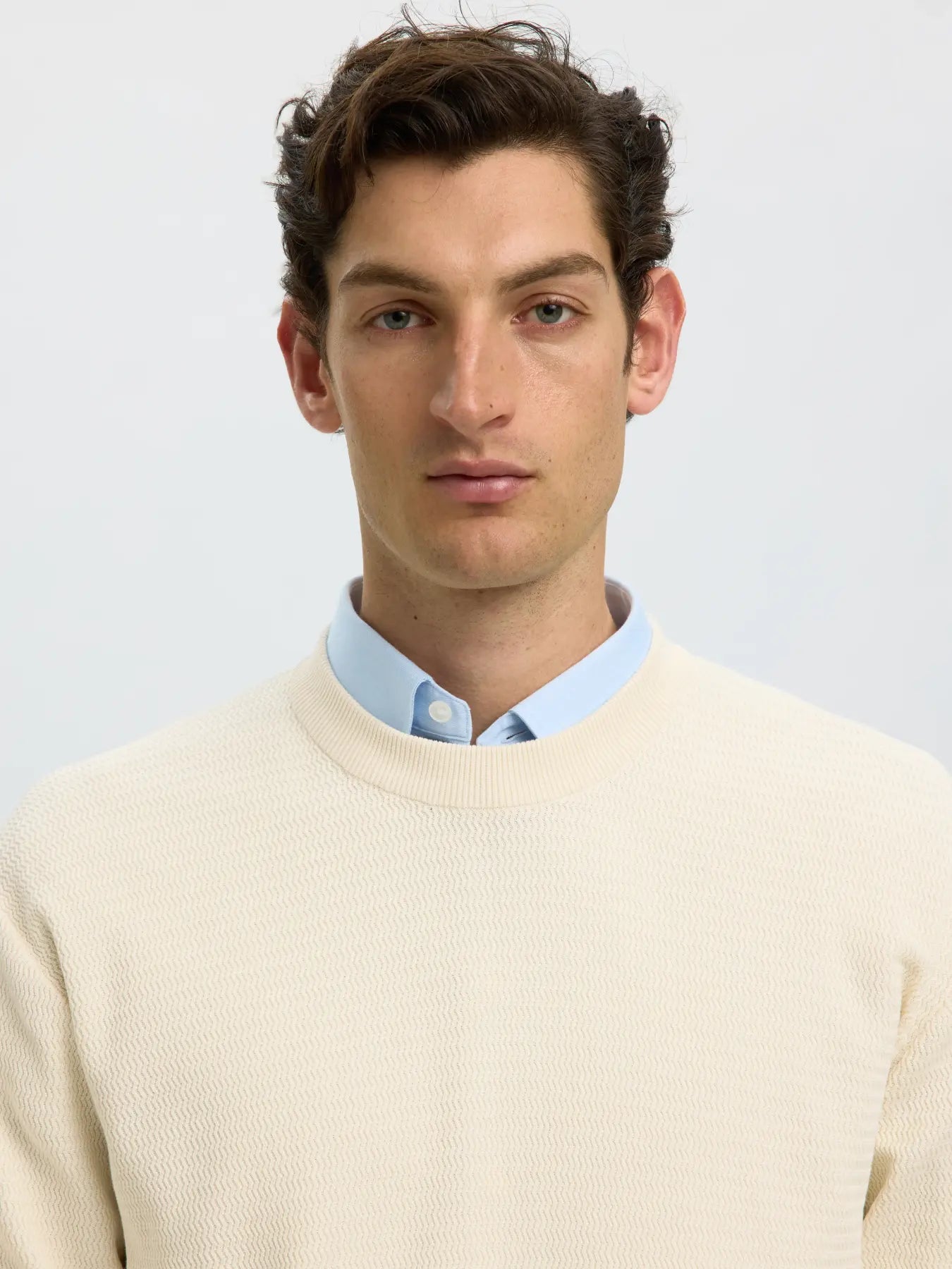 Selected miesten neulepusero Torn Structure Crew Neck, Silver Birch