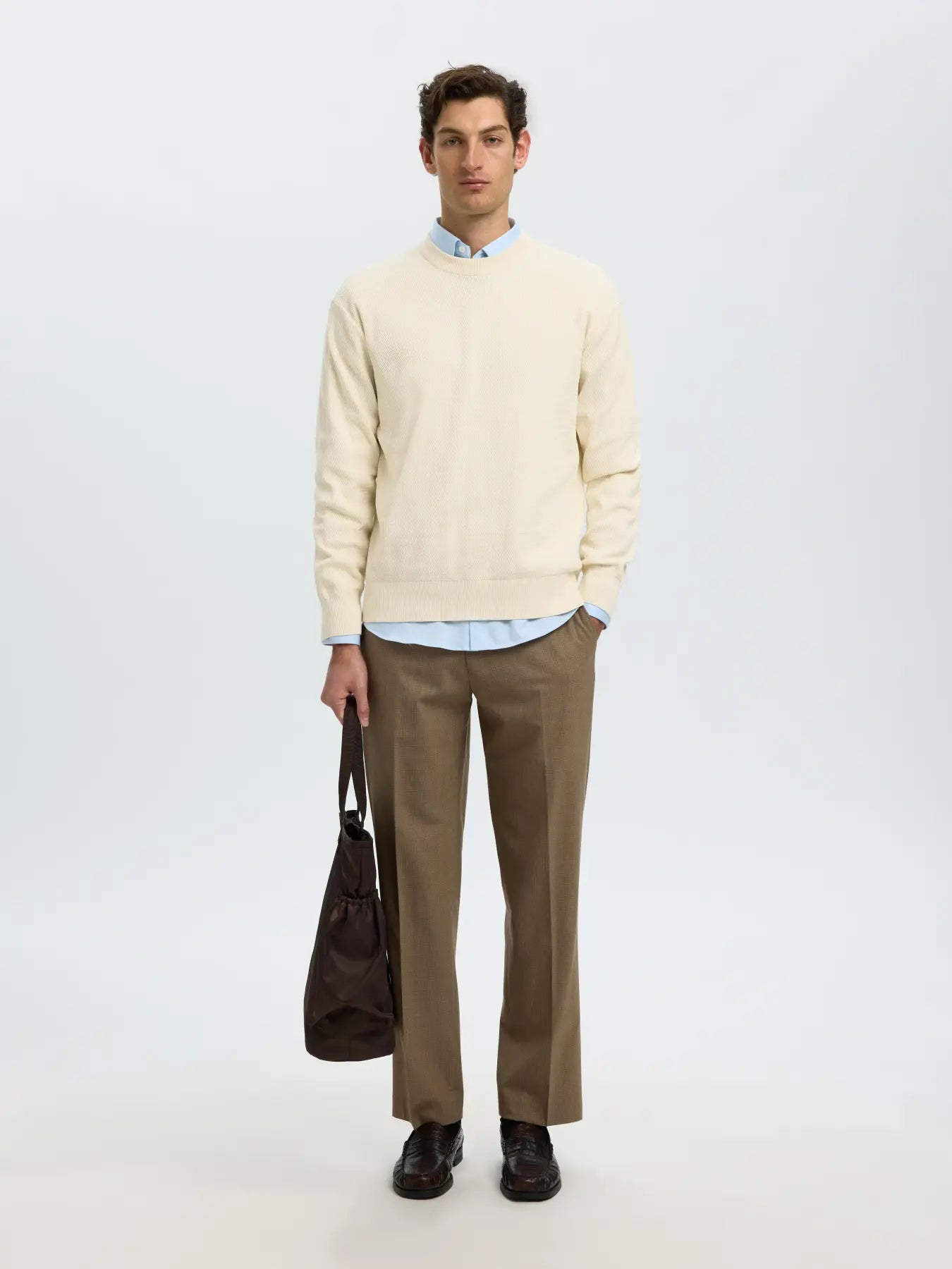 Selected miesten neulepusero Torn Structure Crew Neck, Silver Birch