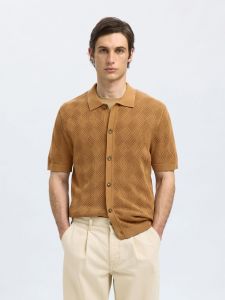 selected-miesten-paita-arco-ss-knit-structure-polo-keskiruskea-1