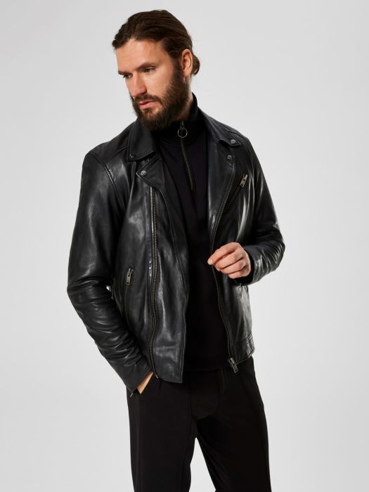 Selected Miesten Nahkatakki, Biker Leather Musta - Kekäle