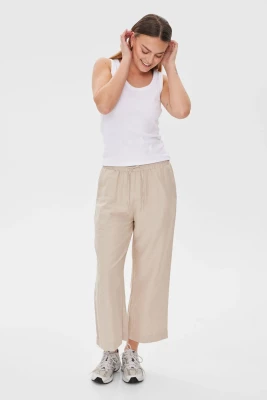Freequent Naisten housut LA PANT 7/8 LINEN Vaalea Beige