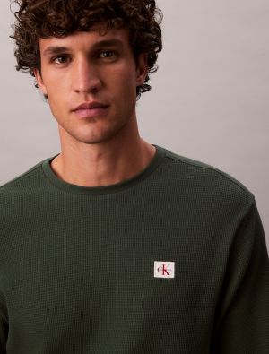 Calvin Klein Jeans miesten paita, LS WAFFLE BADGE CREWNK TEE Armeijanvihreä