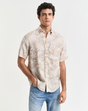Gant miesten lyhythihainen kauluspaita, REG BOTANICAL LINEN PRINT SS T-SHIRT Ruskea Kuosi