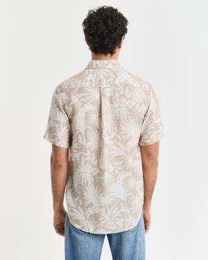 Gant miesten lyhythihainen kauluspaita, REG BOTANICAL LINEN PRINT SS T-SHIRT Ruskea Kuosi