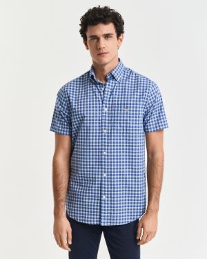 Gant miesten lyhythihainen kauluspaita, REG CLASSIC POPLIN SS SHIRT Sininen Ruutu