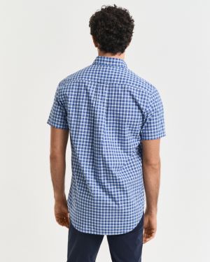 Gant miesten lyhythihainen kauluspaita, REG CLASSIC POPLIN SS SHIRT Sininen Ruutu