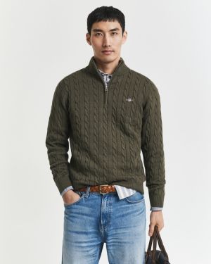 Gant miesten neule, COTTON CABLE HALF ZIP Armeijanvihreä