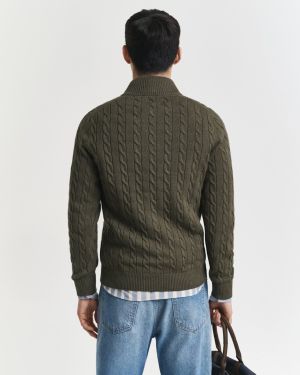 Gant miesten neule, COTTON CABLE HALF ZIP Armeijanvihreä
