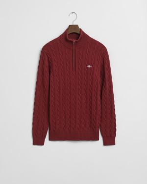Gant miesten neule, COTTON CABLE HALF ZIP Tumma Luumunpunainen