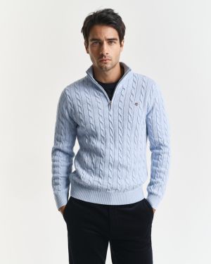 Gant miesten neule, COTTON CABLE HALF ZIP Vaaleansininen