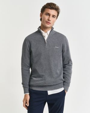 Gant miesten neule, COTTON PIQUE HALF ZIP Keskiharmaa