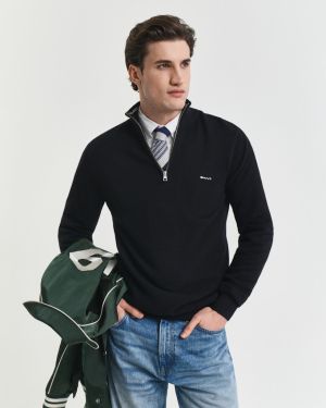 Gant miesten neule, COTTON PIQUE HALF ZIP Musta
