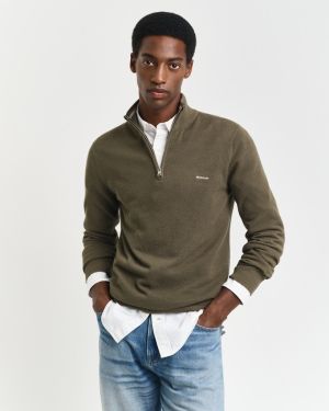 Gant miesten neule, COTTON PIQUE HALF ZIP Tummanvihreä