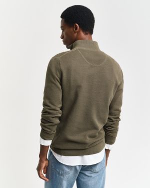 Gant miesten neule, COTTON PIQUE HALF ZIP Tummanvihreä