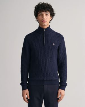 Gant miesten neule, COTTON TEXTURE HALF ZIP Tummansininen