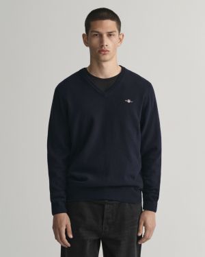 Gant miesten neule, SUPERFINE LAMBSWOOL V-NECK Tummansininen