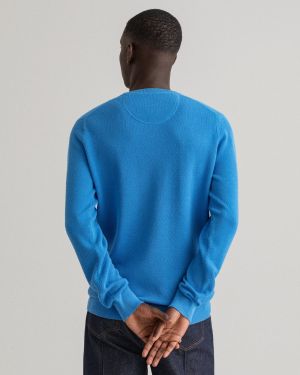 Gant Miesten Puuvillaneule, Cotton Pikee Crew Sininen