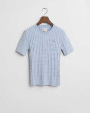 Gant naisten lyhythihainen neulepusero, STRETCH COTTON CABLE SS C-NECK Vaaleansininen