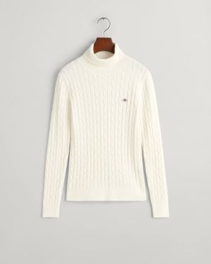 Gant Naisten neulepaita, STRETCH COTTON CABLE TURTLENECK Luonnonvalkoinen