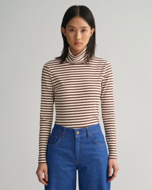 Gant Naisten PooloPaita, SLIM STRIPED RIBBED TURTLENECK Raidallinen Ruskea