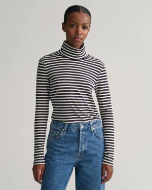Gant Naisten PooloPaita, SLIM STRIPED RIBBED TURTLENECK Raidallinen Sininen