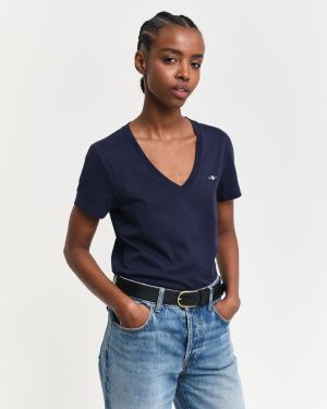 Gant naisten t-paita, REG SHIELD SS V-NECK T-SHIRT Tummansininen