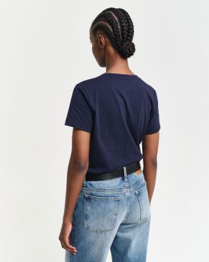 Gant naisten t-paita, REG SHIELD SS V-NECK T-SHIRT Tummansininen