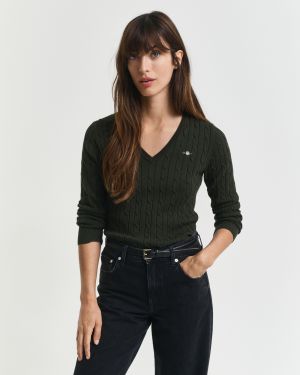 Gant neule,  STRETCH COTTON CABLE V-NECK Tummanvihreä