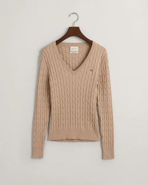Gant neule,  STRETCH COTTON CABLE V-NECK Vaalea Beige