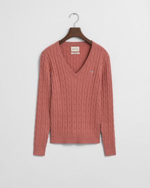 Gant neule,  STRETCH COTTON CABLE V-NECK Vaaleanpunainen