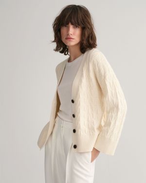 Gant neuletakki, HERRIGBONE T-NECK CARDIGAN Luonnonvalkoinen