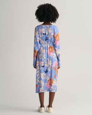 Gant printtikuvioitu floral mekko, REG FLORAL PRINT V-NECK DRESS Sininen Kuosi