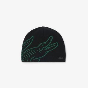Lacoste miesten pipo, UNCUFFED CROCODILE JACQUARD WOOL BEANIE Musta
