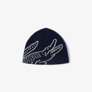 Lacoste miesten pipo, UNCUFFED CROCODILE JACQUARD WOOL BEANIE Tummansininen