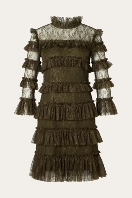 Malina naisten mekko, CARMINE FRILL LACE MINI DRESS Tummanvihreä