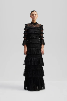 Malina naisten mekko, CARMINE LONG SLEEVE LACE MAXI DRESS Musta