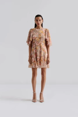 Malina naisten mekko, IDA SILK BLEND FRILL SLEEVE MINI DRESS Monivärinen Kuosi