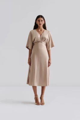 Malina naisten mekko, JUNO V-NECK SATIN MIDI DRESS Beige