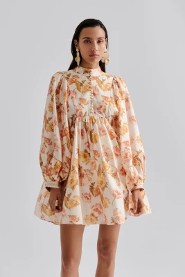 Malina naisten mekko, TYRA HIGH NECK BALLOON SLEEVE MINI DRESS Monivärinen Kuosi