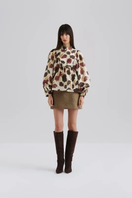 Malina naisten pusero, PERNILLA HOGH NECK BALLOON SLEEVE BLOUSE Viininpunainen Kuosi