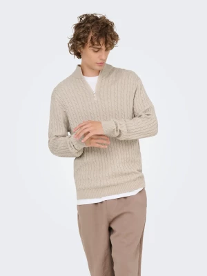 Only and Sons miesten neule, ONSLOUI CABEL HALF ZIP KNIT Oatmeal Melange