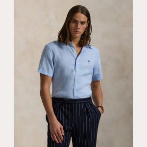 Polo Ralph Lauren miesten lyhythihainen kauluspaita, POLO LINEN SHIRT SS CUSTOM FIT Keskisininen