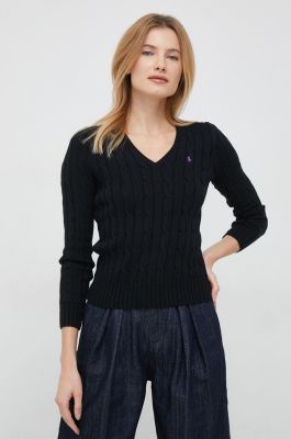 Polo Ralph Lauren naisten neule, CABLE KNIT COTTON V-NECK SWEATER Musta