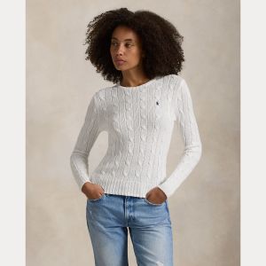 Polo Ralph Lauren naisten neulepsuero, CABLE-KNIT COTTON CREWNECK SWEATER Valkoinen