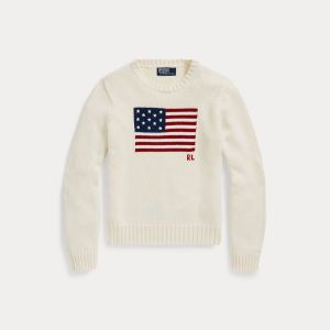 Polo Ralph Lauren naisten neulepusero, FLAG CN-LONG SLEEVE-PULLOVER Luonnonvalkoinen