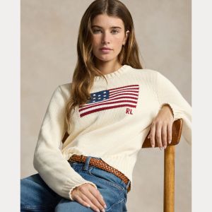 Polo Ralph Lauren naisten neulepusero, FLAG CN-LONG SLEEVE-PULLOVER Luonnonvalkoinen