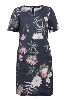 S.T.I naisten mekko, CARENNA PRINT LINEN DRESS 100CM Sininen Kuosi