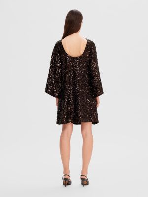 Selected Femme Naisten Mekko, AD-SLFMALLIE SS SHORT SEQUINS DRESS SUS Tummanruskea