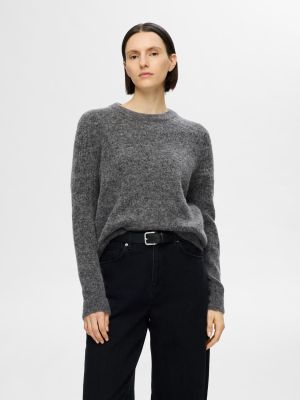 Selected Femme Naisten Neule, SLFSIA RAS LS KNIT O-NECK NOOS Grafiitti