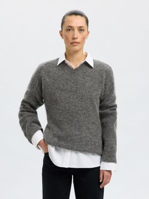 Selected Femme naisten neulepusero, SLFSIA RAS LS KNIT LONG V-NECK Keskiharmaa